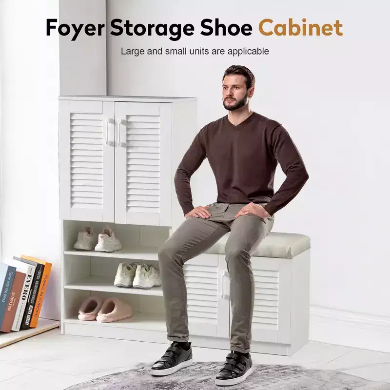 JVNOXK 47-inch Multi-Function Adjustable Shelf Shoe Cabinet with Storage Compartment and Padded Shoe Bench, Suitable for Entryway, White