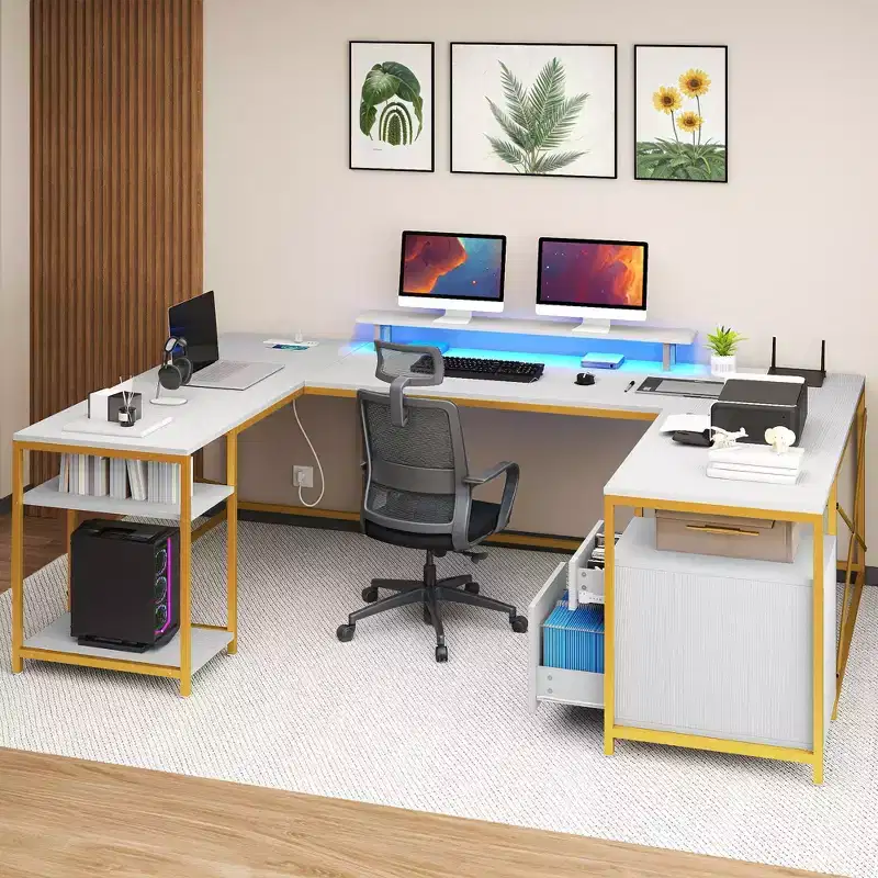 U Shaped Desk With Power Outlets & LED Lights Desk With Drawers Corner Computer Desk Office Desk With Monitor Stand & Storage Shelves White