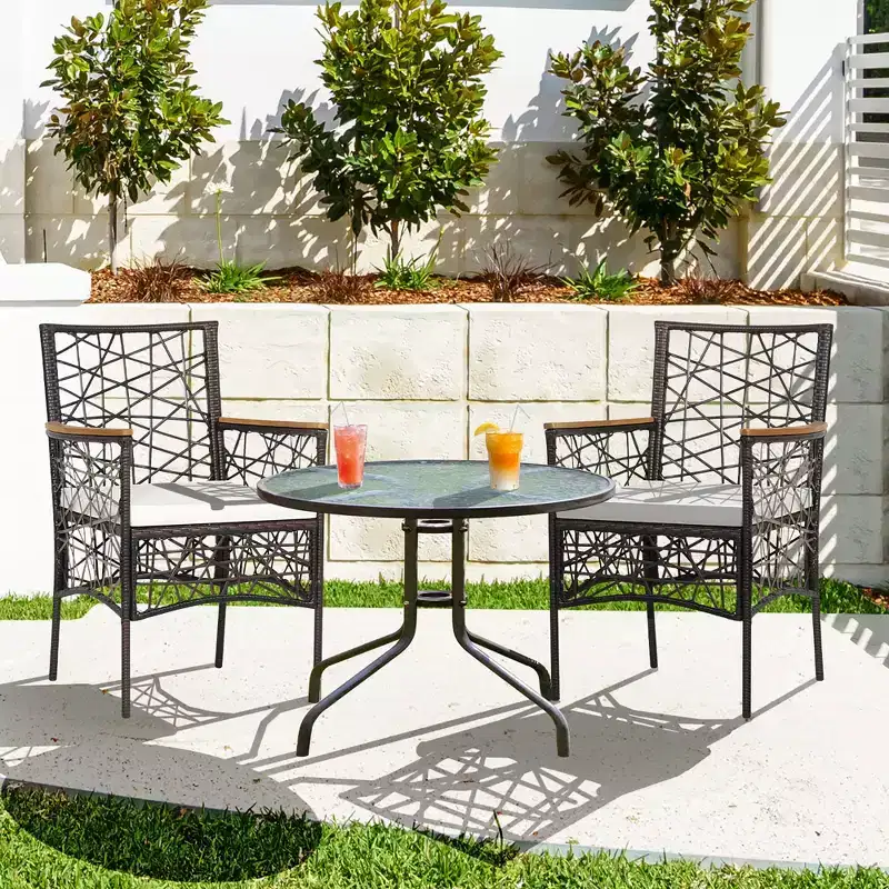 Costway 2pcs PE Wicker Patio Bistro Chairs Acacia Wood Armrests w/ Cushions Outdoor