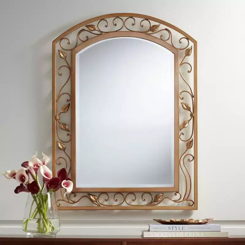 Noble Park Eden Park Arch Top Vanity Wall Mirror Vintage French Beveled Glass Vine Flower Gold Metal Frame 25 Wide for Bathroom