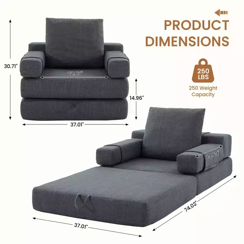 Fold-Down Convertible Sleeper Sofa Chair with Removable Armrests & Washable Cover