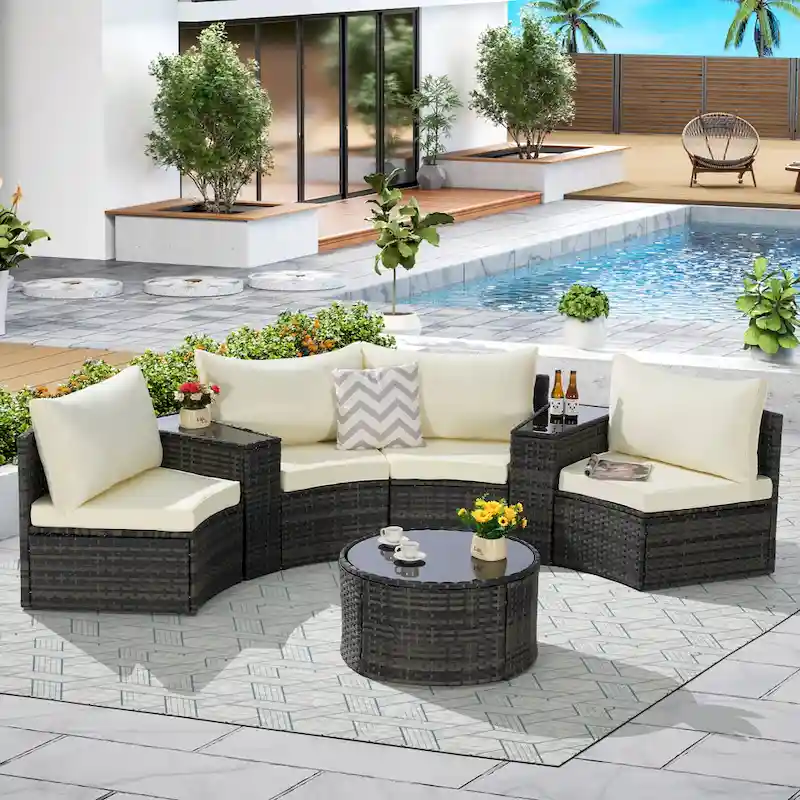 7-Piece Half-Moon Sectional Sofa Set with Glass Table