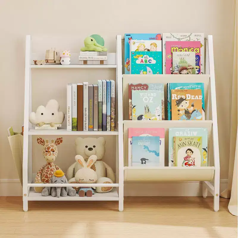 Kids Bookshelf and Toy Organizer, 3-Tier Wooden Book Rack with Sling Fabric Storage, Toddler Reading Shelf for Playroom