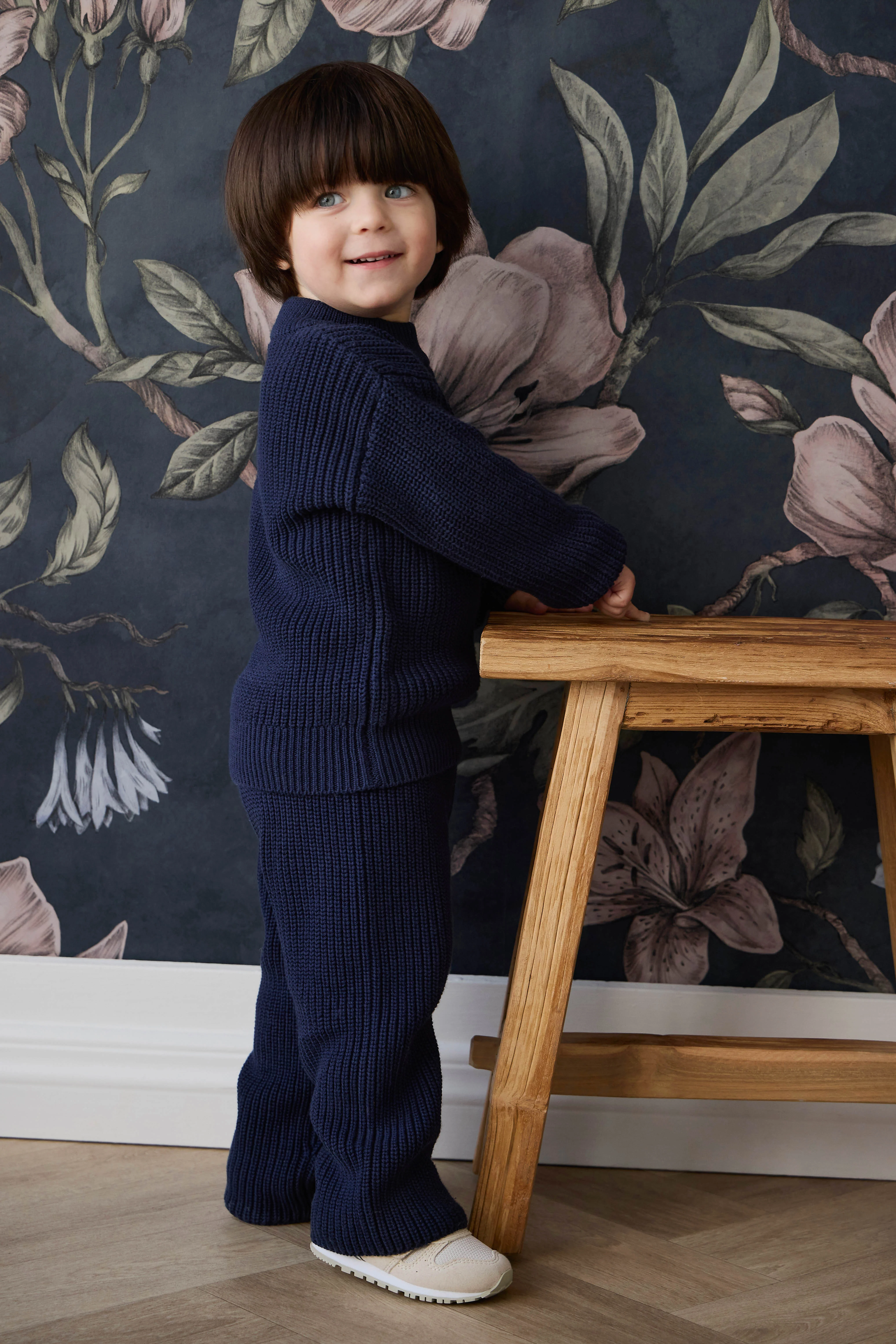 Classic Navy Cotton Knit Pant with Elasticated Waistband & Decorative Tie