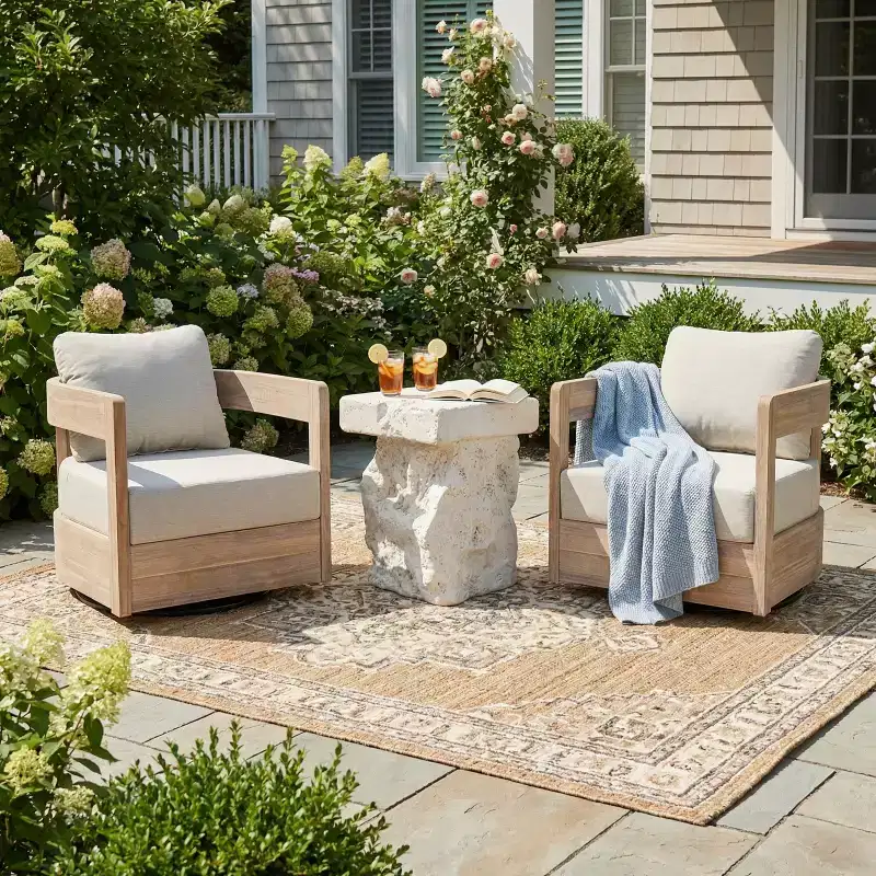 Christopher Knight Home Telluride 3 Piece Modern Patio Acacia Wood 360 Swivel Club Chairs with Lightweight Concrete Side Table