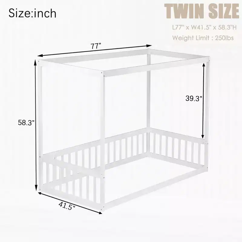 Luxystar Twin Canopy Frame Floor Bed with Fence