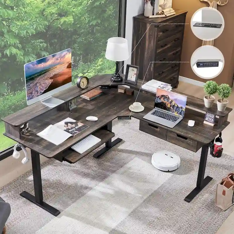 L-Shaped Electric Standing Desk, Height Adjustable, RGB LED, Carbon Fiber Black / Dark Rustic Oak / Antique White, 1-Person