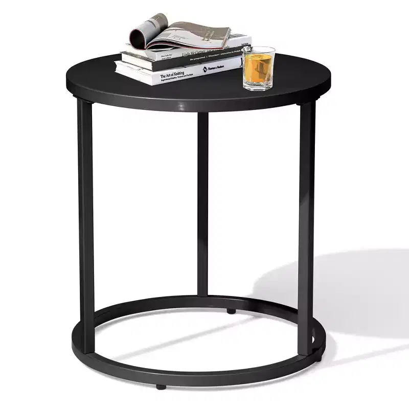 Crestlive Products Patio Side Table, Chaise Lounge Table, Snack End Table, Metal Round Coffee Bistro Table for Indoor Outdoor (Black)
