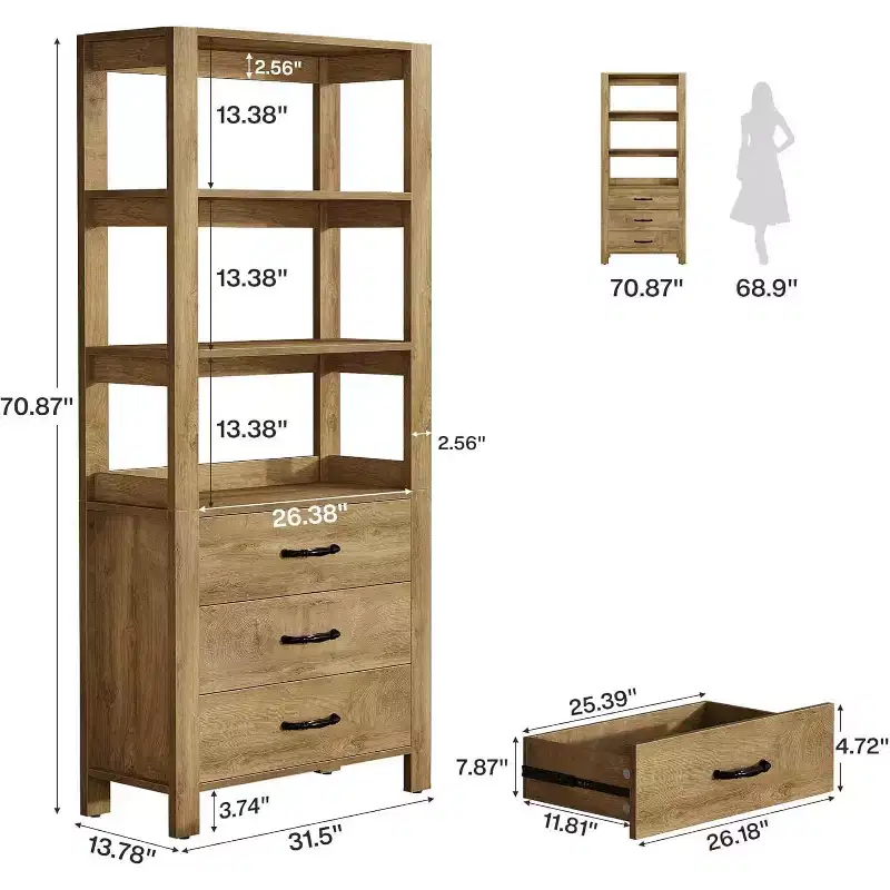 Lantine Bookcase with Drawers, 70.9 Bookshelf with Storage Shelves, Large Bookshelves Cabinet for Living Room, Bedroom, Home Office, Rustic Brown
