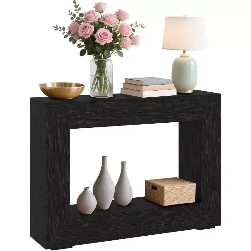 Farmhouse Console Table C 47 Entryway Sofa Table with Open Shelves, Vintage Industrial Design for Hallway