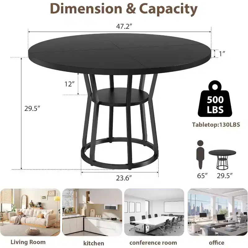 Round Dining Table for 4-6, 47.2in Circle Farmhouse Kitchen Table with Storage for Dining Room, Living Room, Meeting Room, Apartment