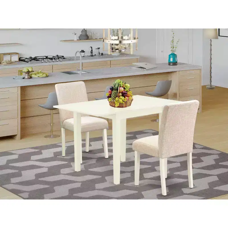3-Piece Linen White Finish Solid Wood Top Dining Table Set