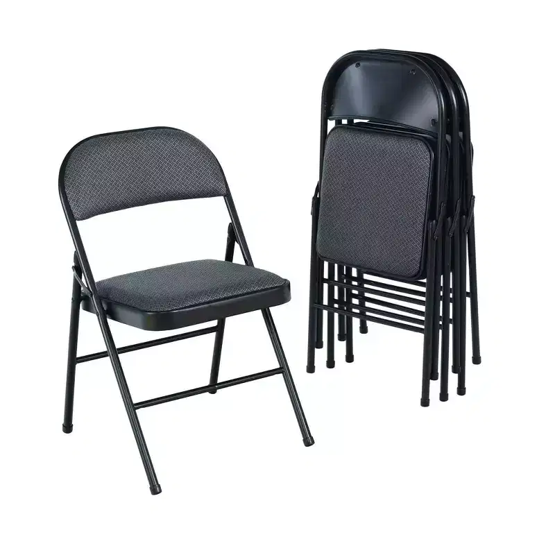 Fabric Padded Folding Chairs Set of 4, Gray, Metal Frame, 250 lb, No Assembly