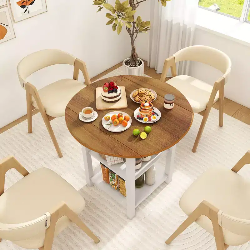 Costway Folding Round Dining Table Drop Leaf Table w/ 2 Shelves for Small Spaces