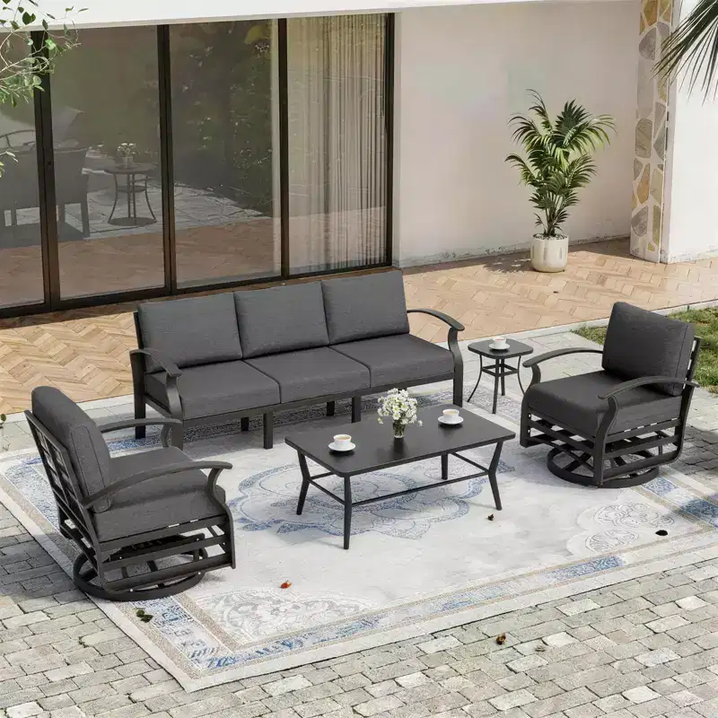 ALAULM 5-Seat Aluminum Patio Furniture Sofa Set, Outdoor Furniture Set w/5Swivel Rocking Chair&Metal Coffee Table