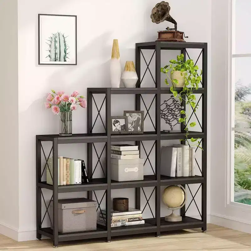 12-Shelf Ladder Corner Bookshelf - Metal & Wood