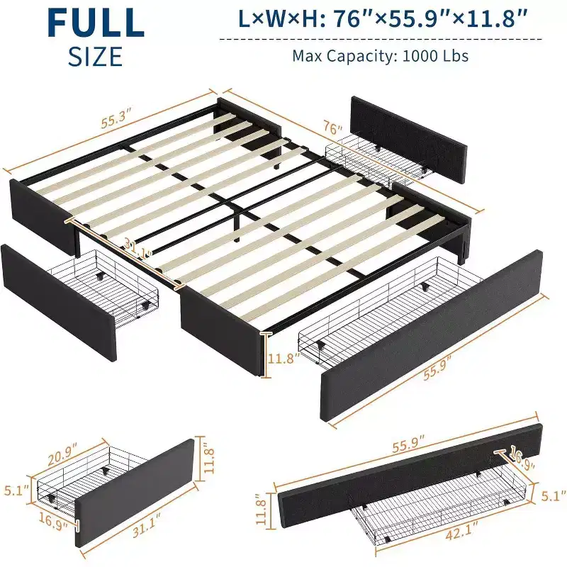 Platform Bed Frame with 3 Storage Drawers, Wood Slats, Modern Linen Upholstery