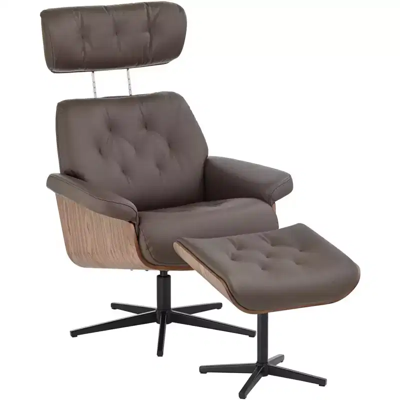 BenchMaster Melia Chocolate Tufted Faux Leather Swivel Recliner and Slanted Ottoman
