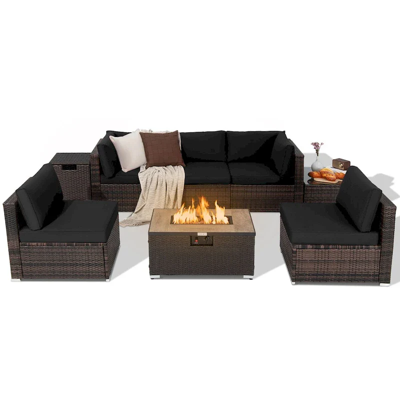 8PCS Patio Rattan Furniture Set Fire Pit Table Tank Holder Cover Deck