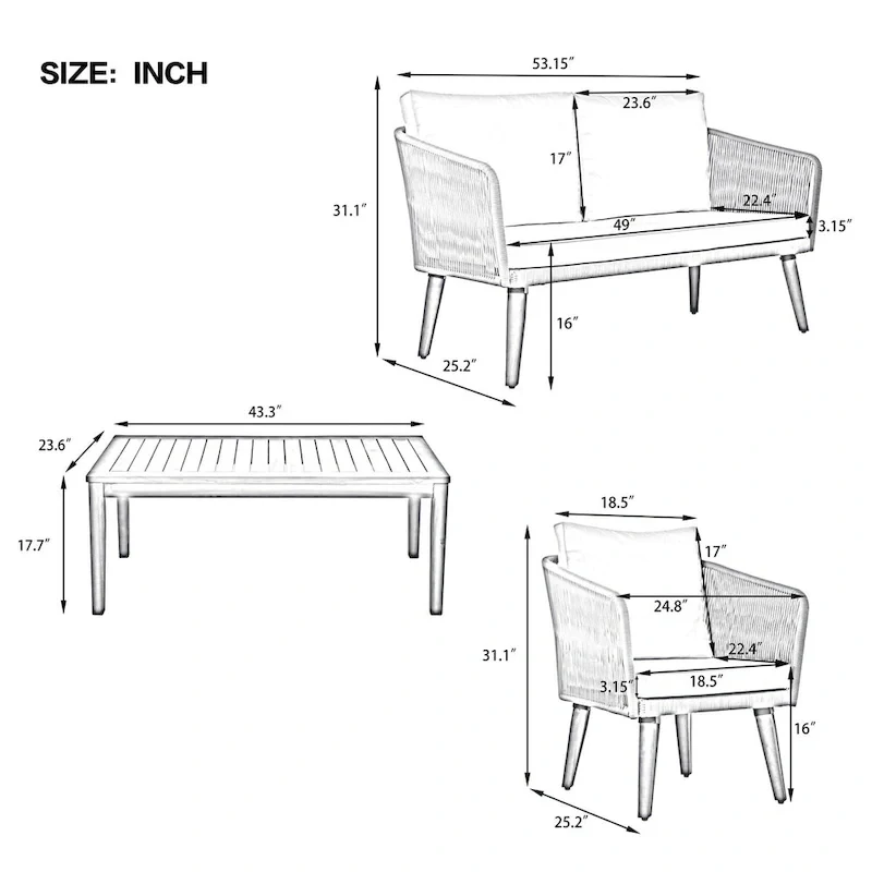 Mid-Century Modern 4-Piece Patio Set: Acacia Wood Loveseat, Chairs & Table