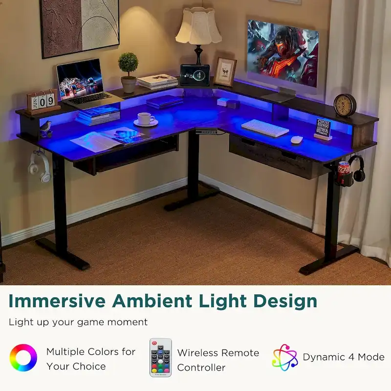 L-Shaped Electric Standing Desk, Height Adjustable, RGB LED, Carbon Fiber Black / Dark Rustic Oak / Antique White, 1-Person