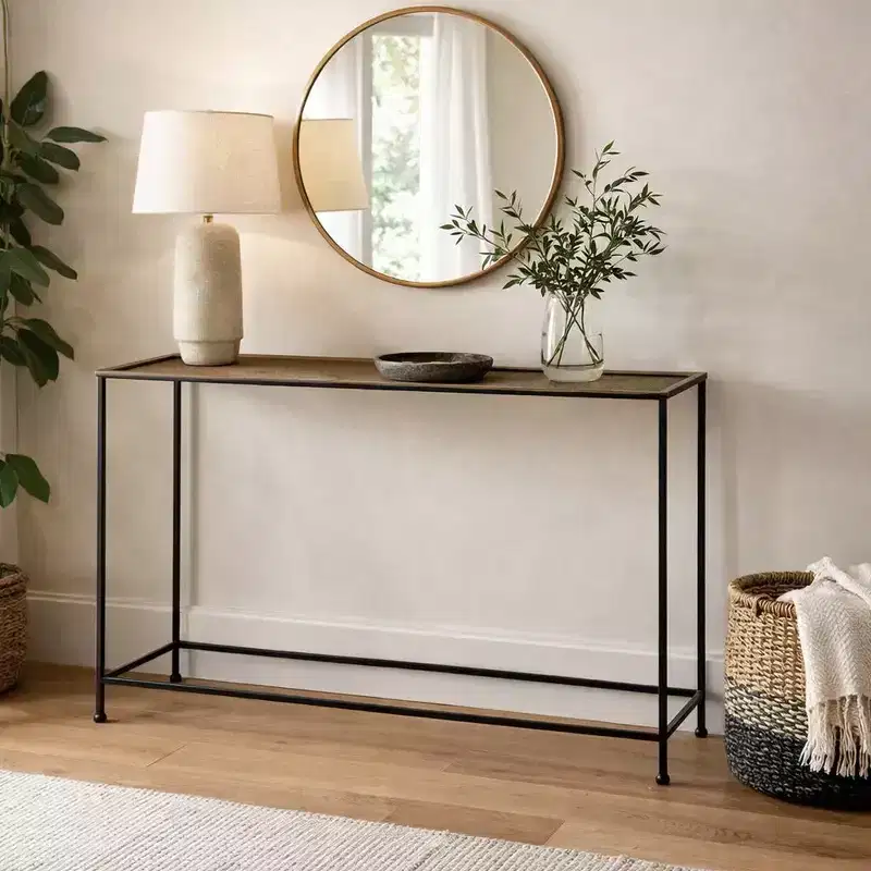 48 Inch Console Sofa Table, Artisanal Hammered Antique Bronze Tray Top, Industrial Black Iron Frame