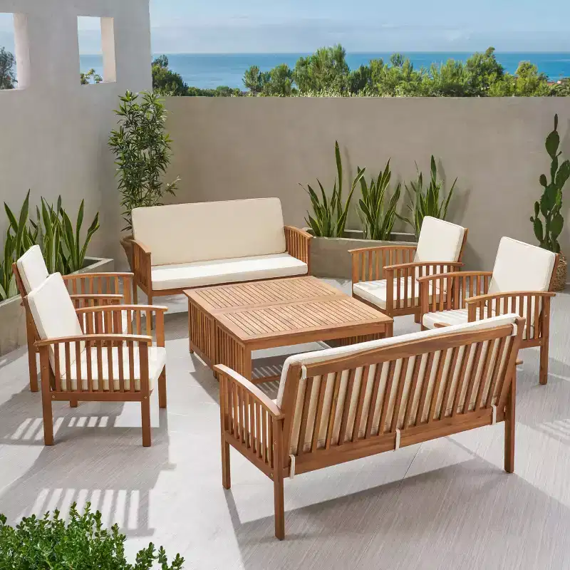 Christopher Knight Home Navan Outdoor Acacia Wood 8 Seater Chat Set with Water-Resistant Cushion