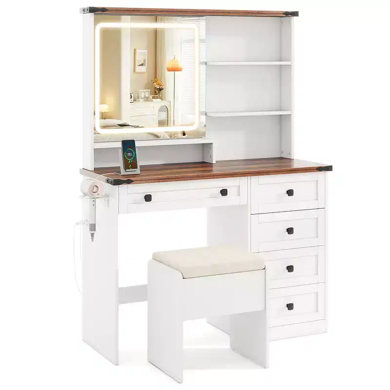 Costway Farmhouse Vanity Set w/ Mirror and Lights Dressing Table & Chair Set