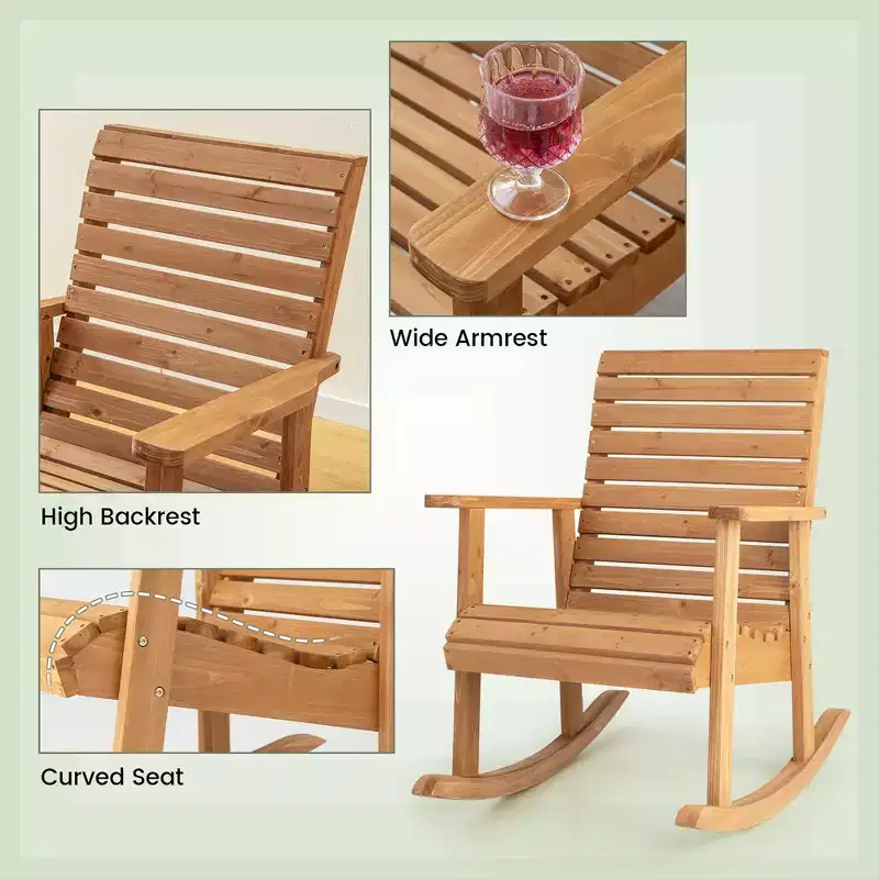 Costway Patio Wooden Rocking Chair High Back Fir Wood Armchair Natural Garden Yard