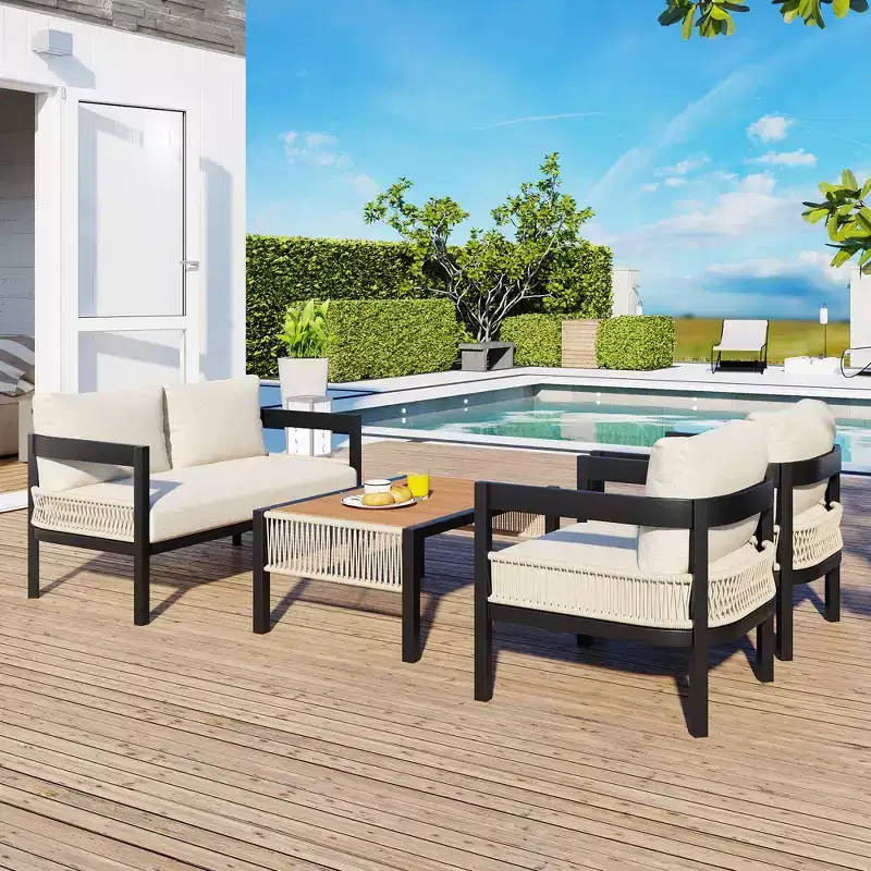 Multi-person Outdoor Iron Sofa Set with A table, Rattan Decoration, Waterproof, Rust-proof, Suitable for Garden, Lawn Use
