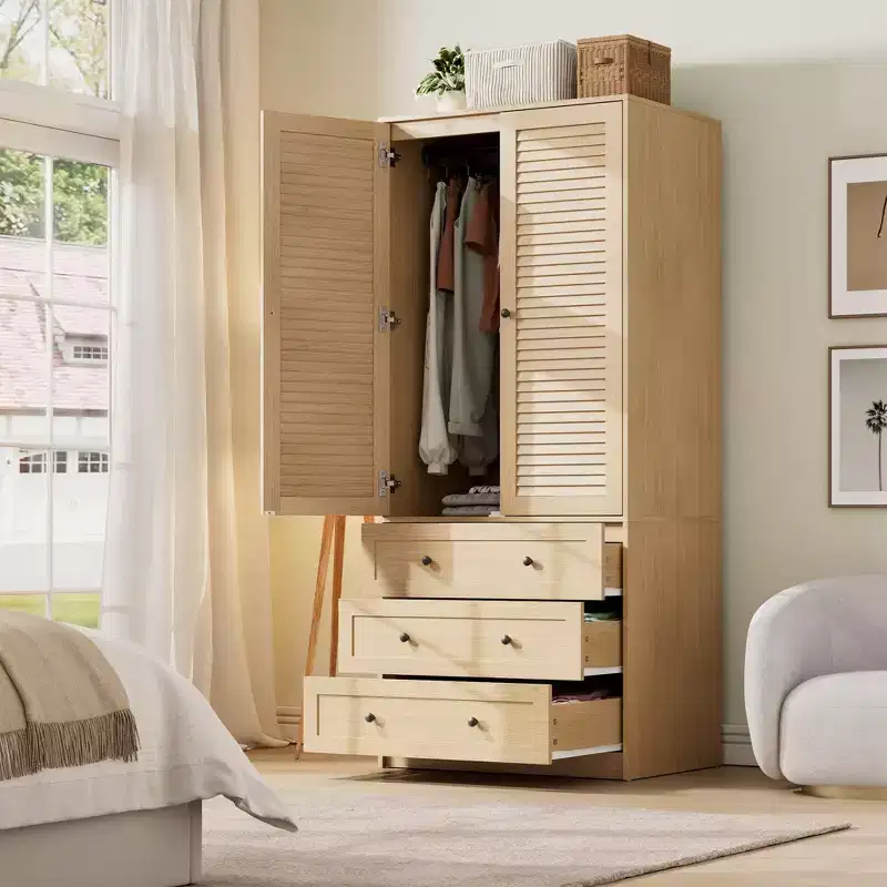 Wooden Wardrobe with Hanging Rod & Drawers, Double Door Storage Cabinet for Bedroom