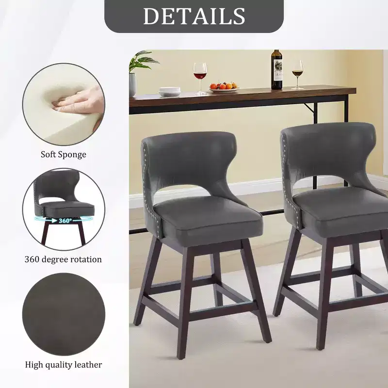 Swivel Nailhead Counter Bar Stools Set of 2 Upholstered 360° Solid Wood Legs 26