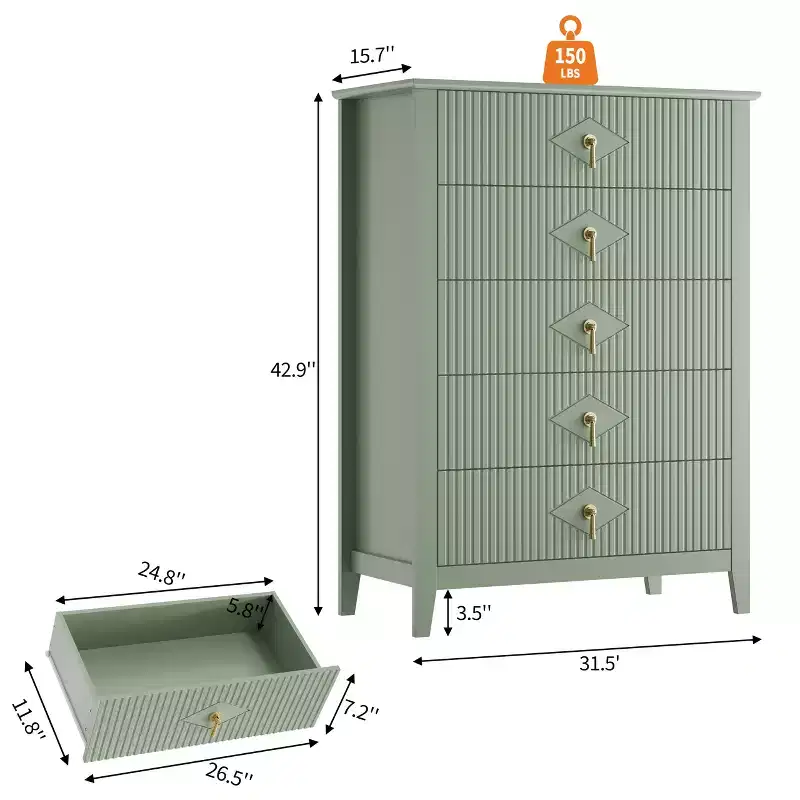 Bedroom Storage Cabinet with 5 Drawers, 32 Inch Wide Modern Chest of Drawers with Metal Handles and Wooden Drawers for Bedroom, Living Room, Hallway