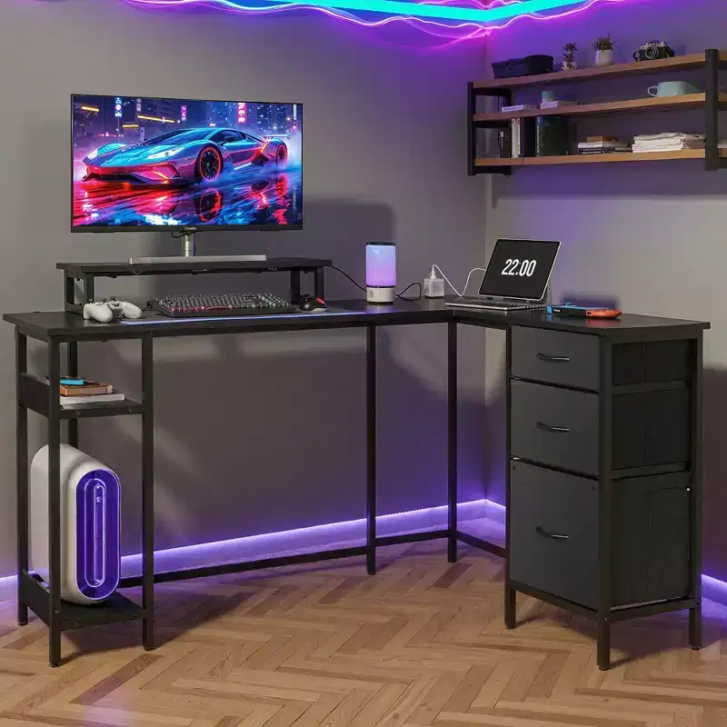 55-Inch L-Shaped Gaming Desk with Storage, Power Outlets & LED Lights