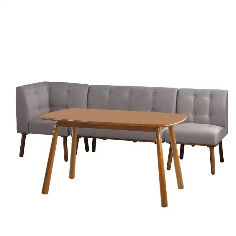 Buylateral 4pc Playmate Mid Century Modern Upholstered Breakfast Nook Dining Set Walnut Versatile Upholstered Furniture, Rubberwood