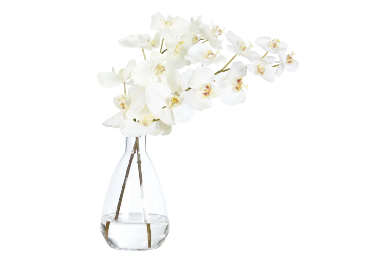 Minimalist Synthetic Glass White Phalaenopsis Orchid with Clear Glass Vase for Living Room & Study
