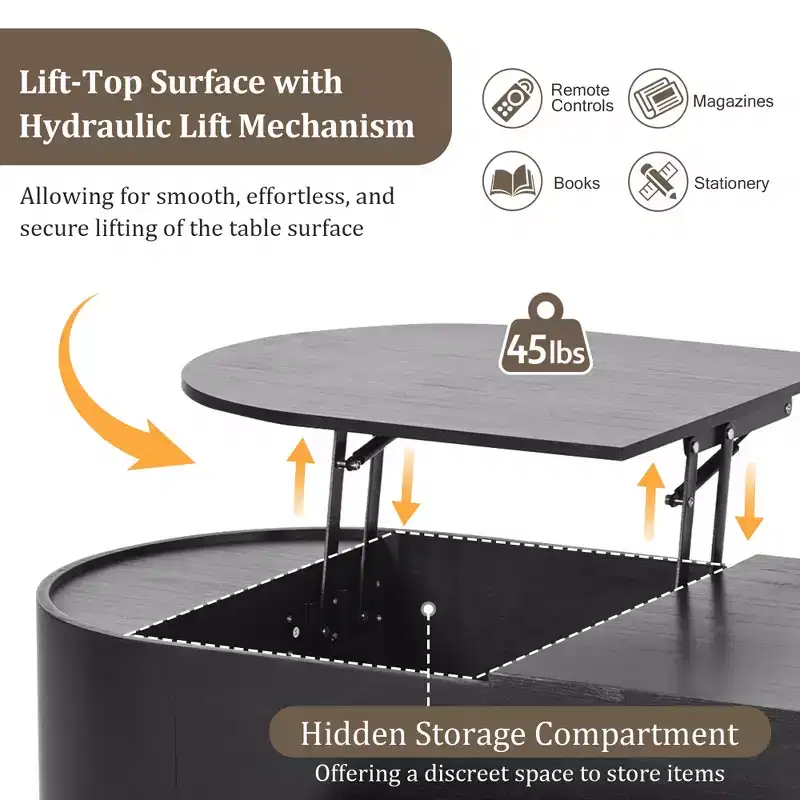 Lift Top Coffee Table Wooden Center Table with 360 Marble-patterned Rotating Tray, 3 Drawers and Hidden Compartment, Brown/Black-ModernLuxe