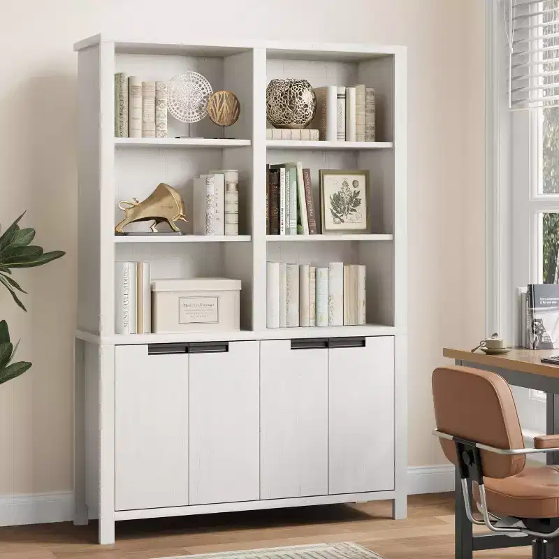 Tall Double Wide Bookshelf with Doors & Adjustable Shelf, 5-Tier