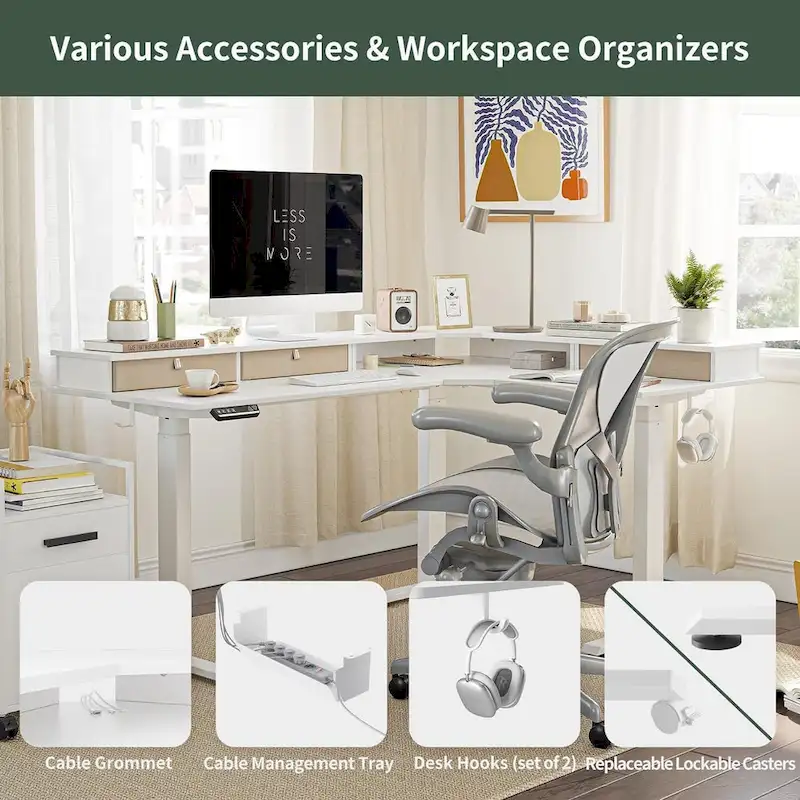 L-Shaped Electric Standing Desk with 3 Drawers & Lockable Casters, 63