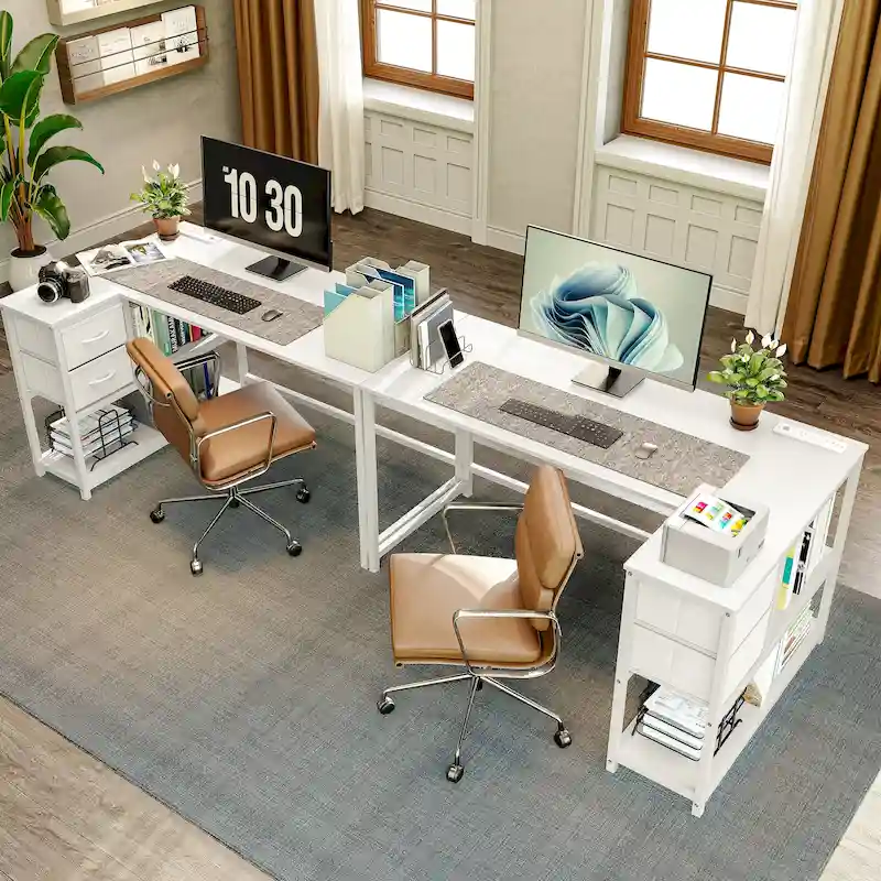 L-Shaped Desk with Drawers, Storage Shelves and Charging Station
