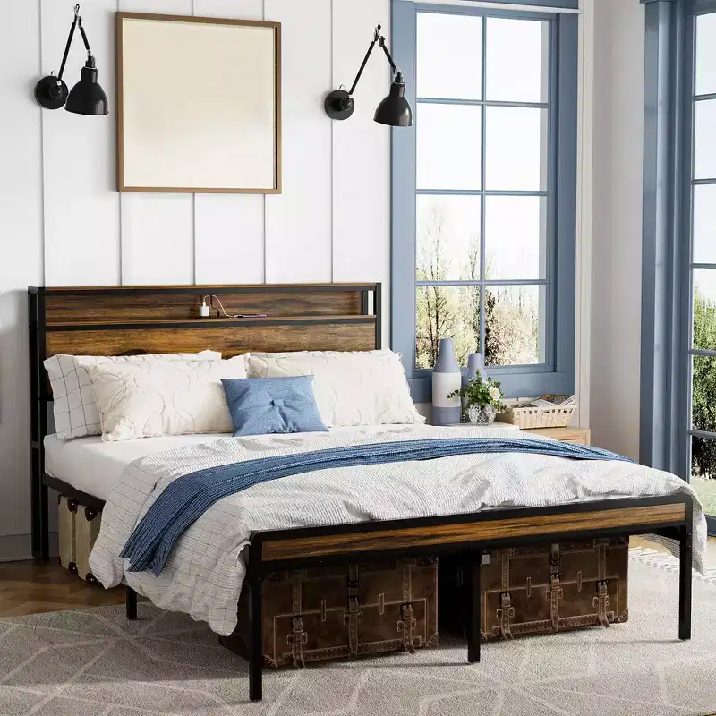 Queen Size Bed Frame with Headboard, Metal Platform Bed Frame with Storage Shelf, Metal Slats Support, No Box Spring Needed, Noise Free