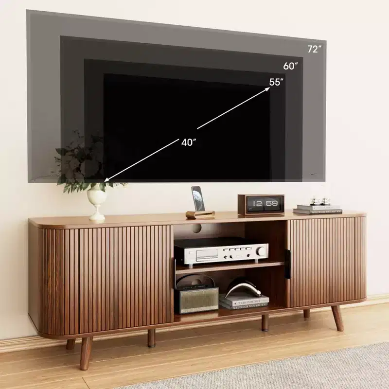 Curved Edge TV Stand Walnut Finish Media Console for 65 Inch TV Modern Fluted Door Credenza with Storage Mid Century Living Room Furniture