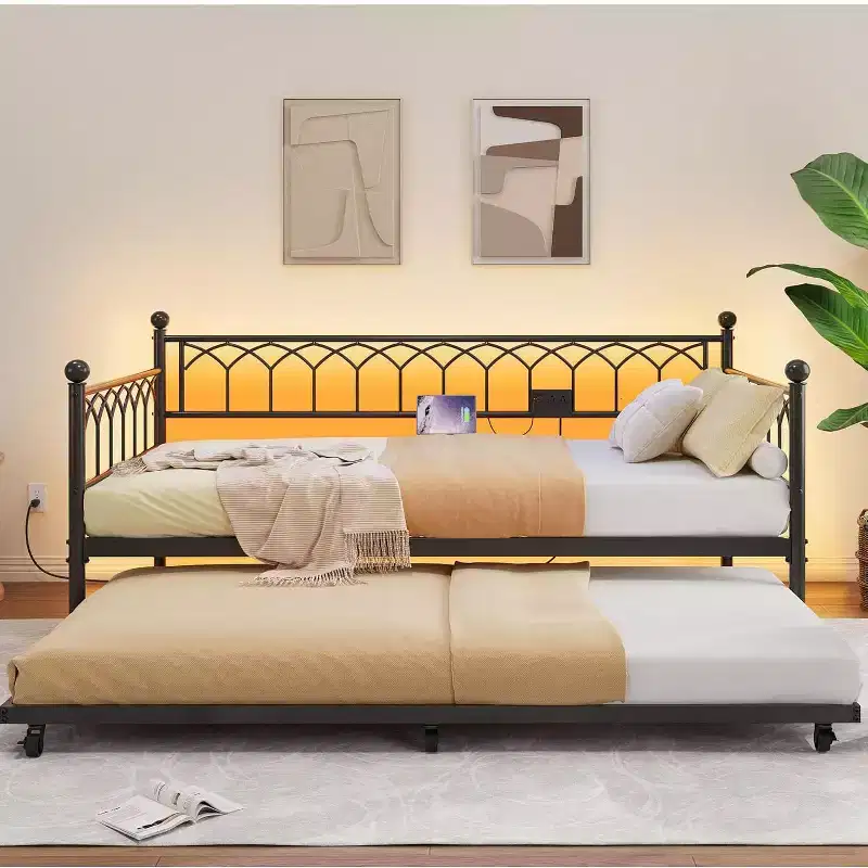 Bed Frame, Bed Frame Twin Daybed with Trundle, Convertible 2-in-1 Sofa, Space Saving Metal Sleeper, for Small Spaces, Apartments, Living Room