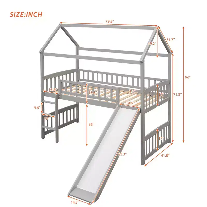 Bellemave Twin Loft Bed with Slide and Ladder,House Loft Bed for Kids, Wood Loft Bed, for Boys Girls, Gray House