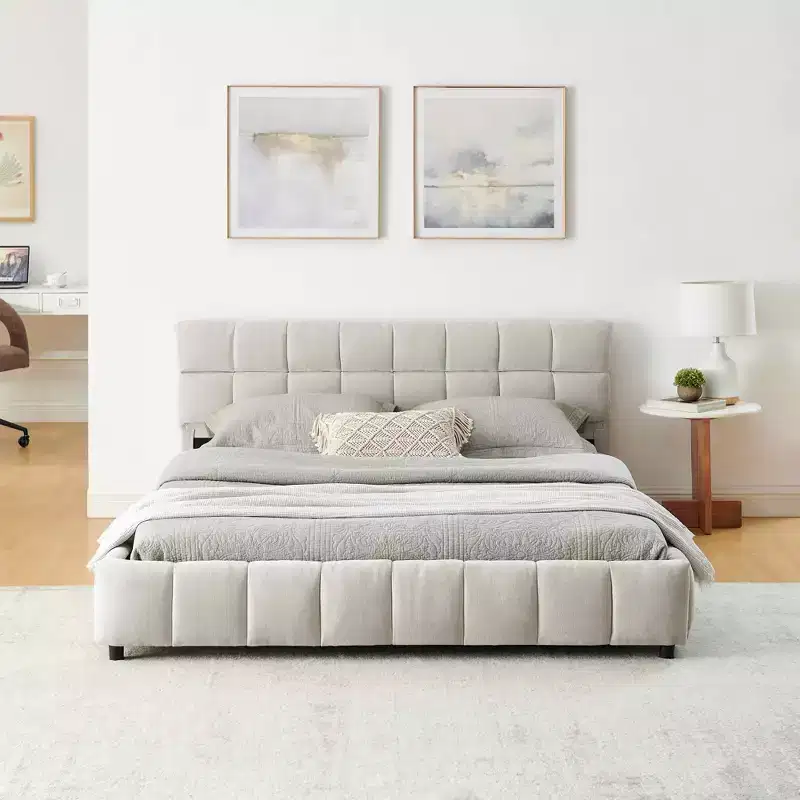 MAYEERTY Queen Size Upholstered Bed with Headboard Chenille Fabric Solid Bed Frame Drawer for Bedroom Beige