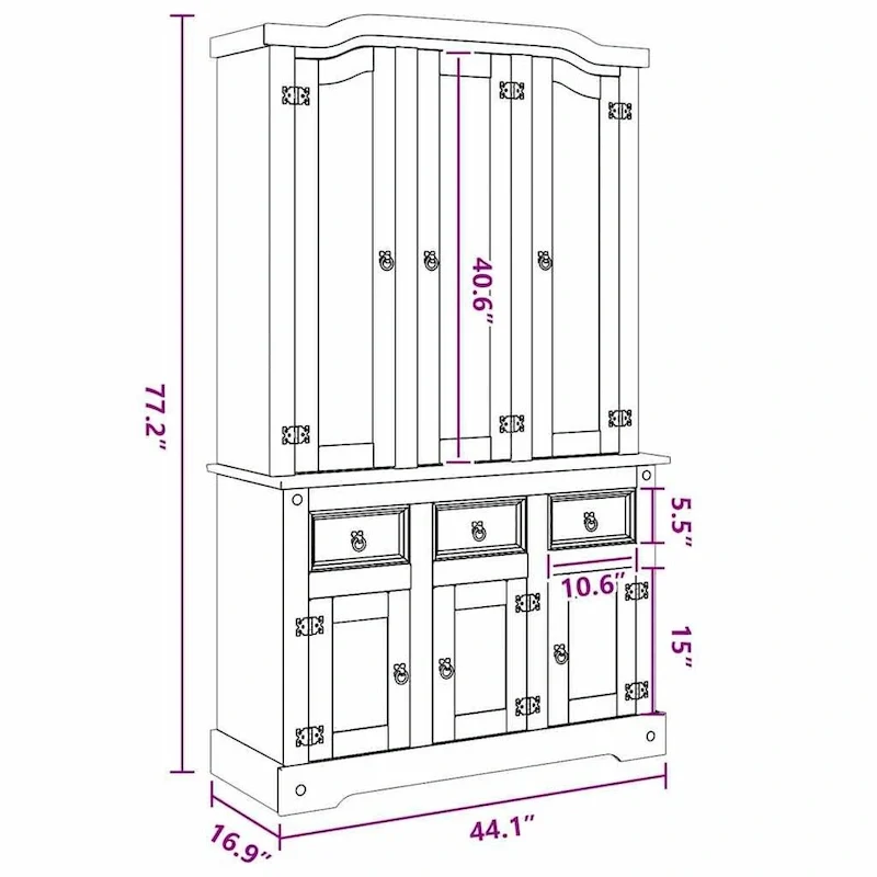 Highboard, 44.1x17x77.2 Inches, White and Natural Finish Top
