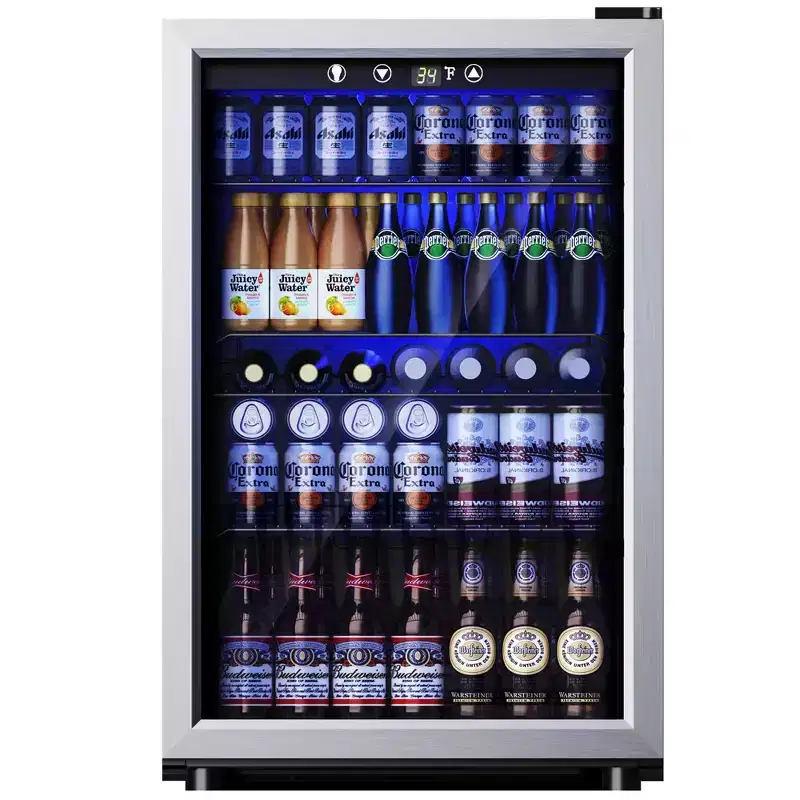 Simzlife 150 Can Beverage Refrigerator, 4.5 cu. ft. Mini Fridge, Adjustable Temperature Control, Glass Door, LED Light, Quiet Energy Efficient, Silver