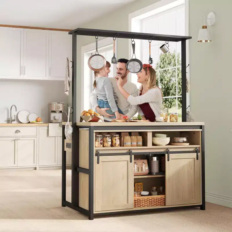 Kitchen Island , Bakers Rack with Sliding Barn Door 42'' Large Kitchen Island Table with 3-Tier Microwave Stand Oven Shelves Coffee Bar Table Set