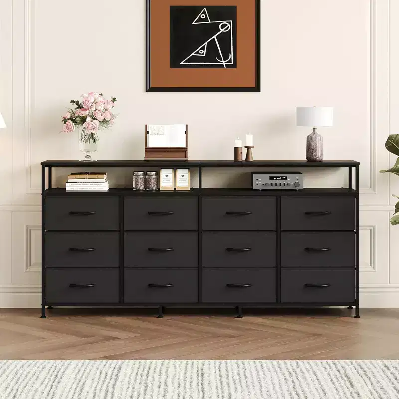 63 Long Dresser with 12 Drawers, TV Stand for 55/65/70 Inch TV, Fabric Dresser TV Stand for Bedroom Living Room, Chest of Drawers with Open Shelves