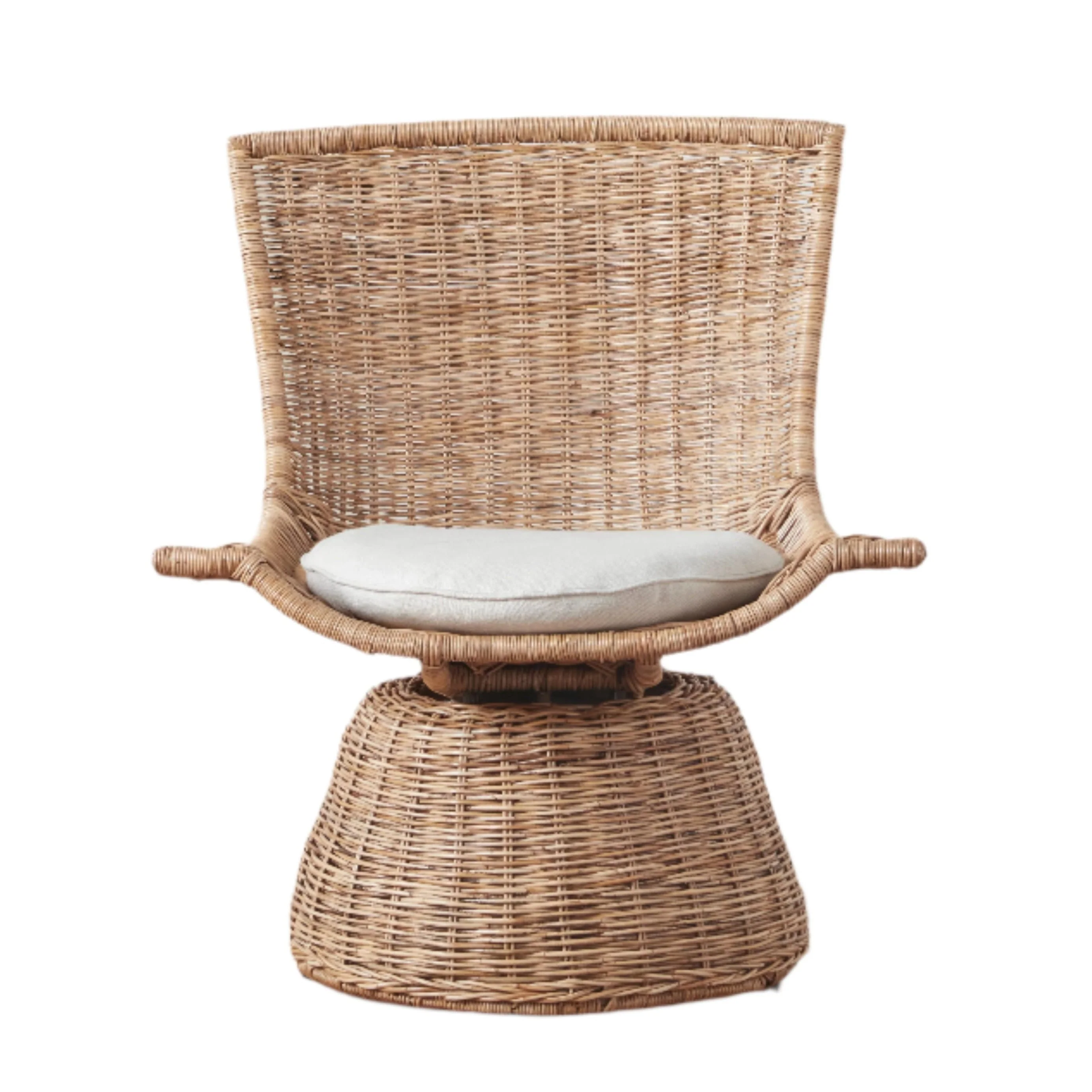 Mid-Century Modern Handwoven Rattan & Linen Small Swivel Chair with Compact Scale for Bedroom or Study